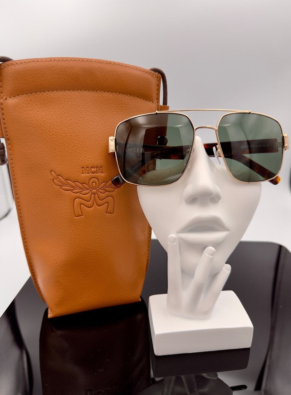 MCM MW0008 32N Black Aviator Metal Sunglasses 58-16-145 Cognac Leather Pouch